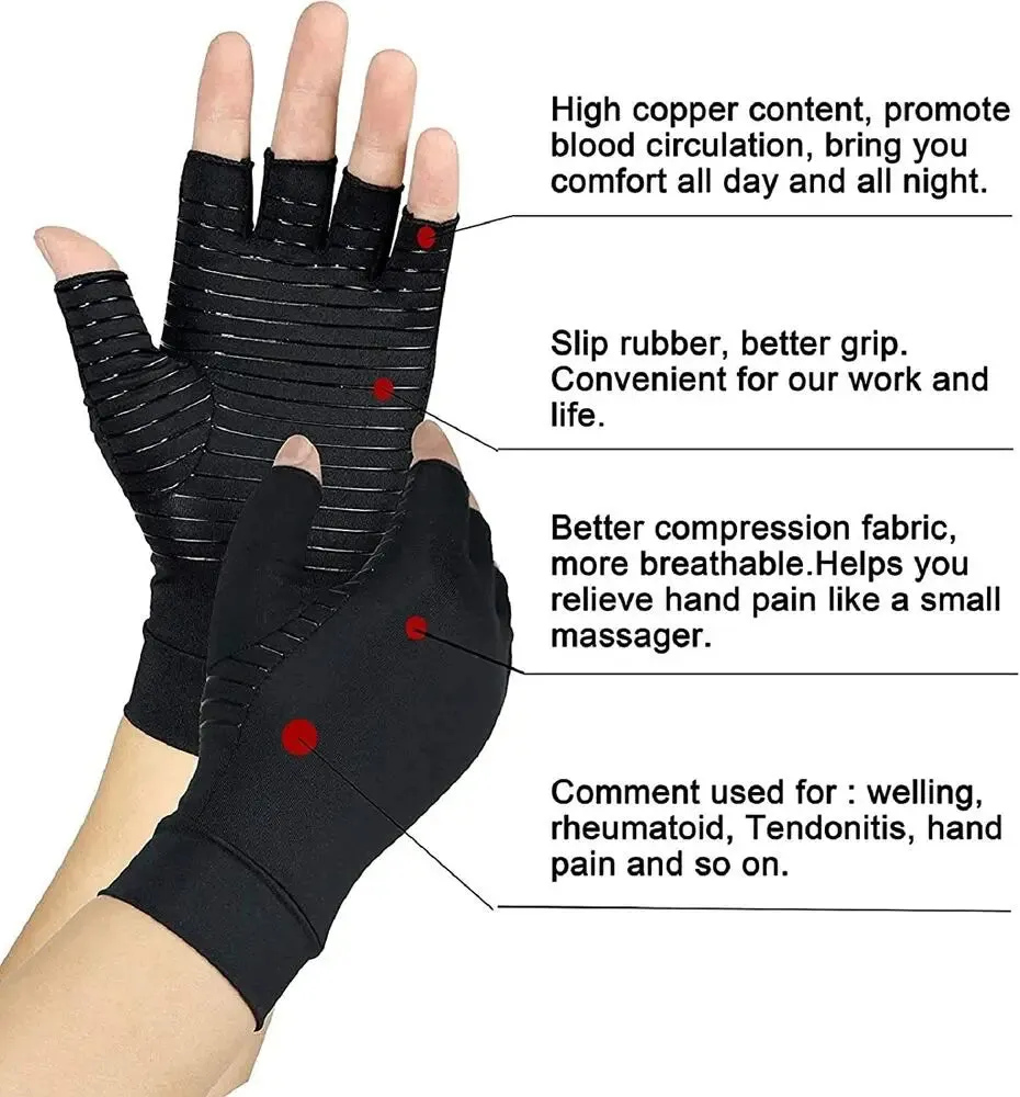 1 Pair Copper Infused Fingerless Compression Arthritis Gloves for Hand Pain Computer Typing