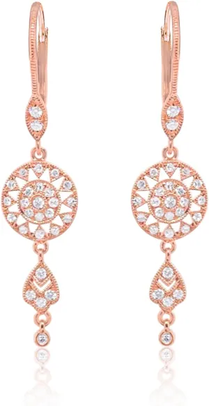 14k Rose Gold Diamond Wheel Dangle Earrings With Bezels Unique Jewelry Earring For Women, Dainty Fine Jewelry, Jewelry For Women
