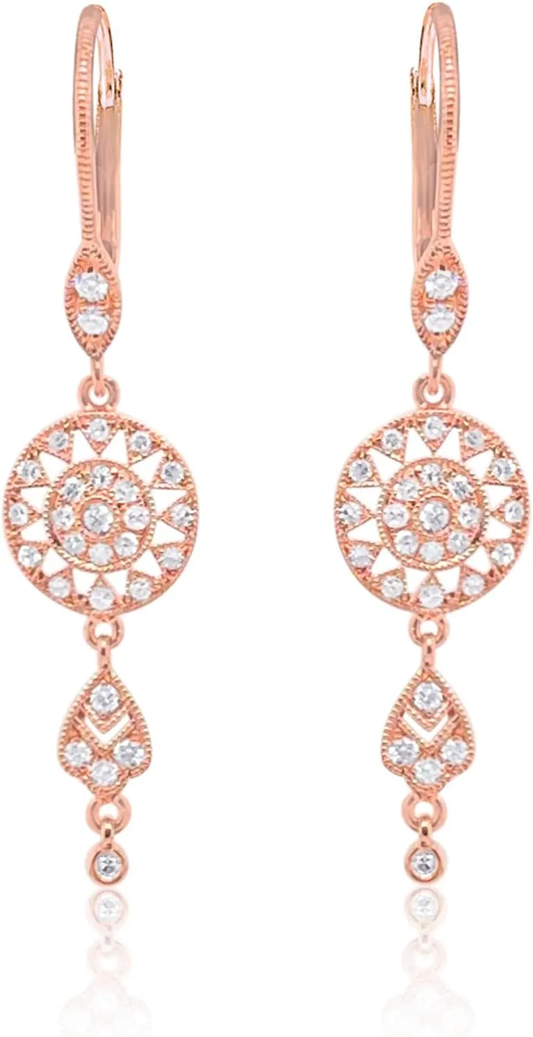 14k Rose Gold Diamond Wheel Dangle Earrings With Bezels Unique Jewelry Earring For Women, Dainty Fine Jewelry, Jewelry For Women
