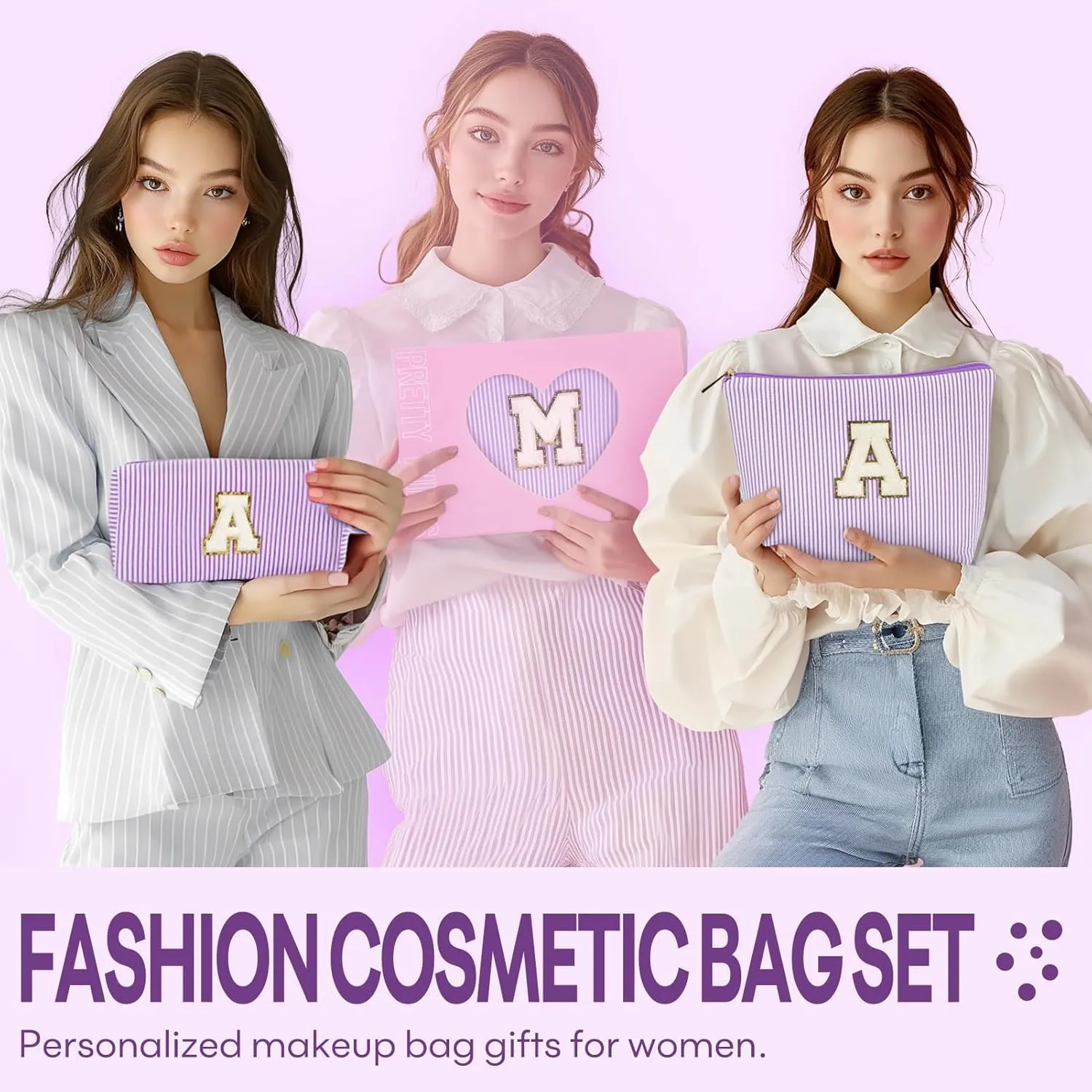 2 PCS Initial Makeup Bags for Women: Cosmetic Bag for Travel Toiletry - Birthday Gifts for 11 12 13 14 15 16 17 18 Years Old Girl Graduation Teacher Gift- Teen Girl Gifts Trendy Stuff - Purple A