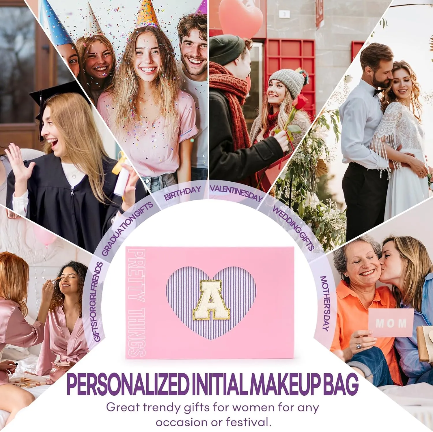 2 PCS Initial Makeup Bags for Women: Cosmetic Bag for Travel Toiletry - Birthday Gifts for 11 12 13 14 15 16 17 18 Years Old Girl Graduation Teacher Gift- Teen Girl Gifts Trendy Stuff - Purple A