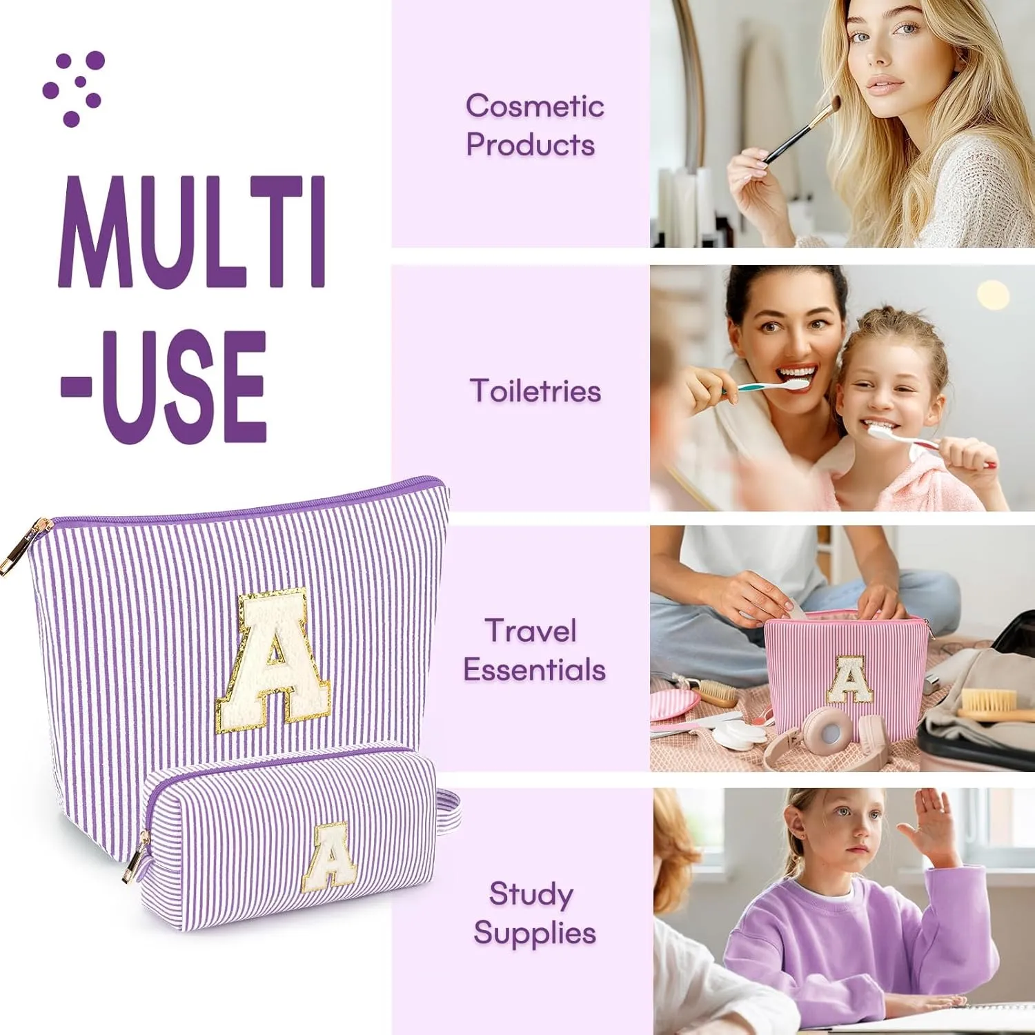 2 PCS Initial Makeup Bags for Women: Cosmetic Bag for Travel Toiletry - Birthday Gifts for 11 12 13 14 15 16 17 18 Years Old Girl Graduation Teacher Gift- Teen Girl Gifts Trendy Stuff - Purple A