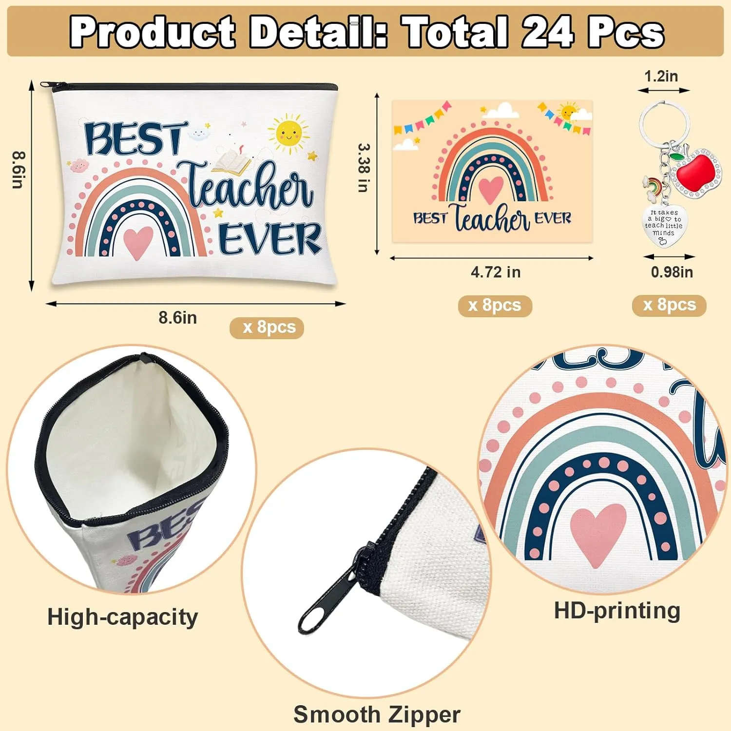 24 Pcs Teacher Appreciation Gifts Set, 8 PCS Makeup Cosmetic Bags, 8 PCS Heart-Shaped Keychains with Diamonds and 8 PCS Greeting Card, Birthday Graduation Christmas Thank You Gifts for Teacher