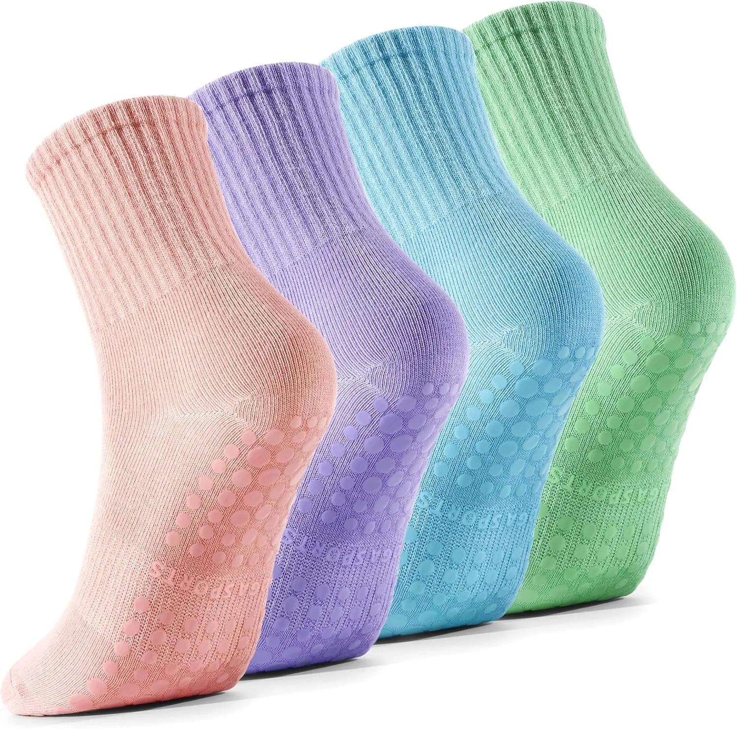 4 Pairs Pilates Socks with Grips for Women, Barre Yoga Grippy Socks, Womens Non Slip Pilates Crew Sticky Socks