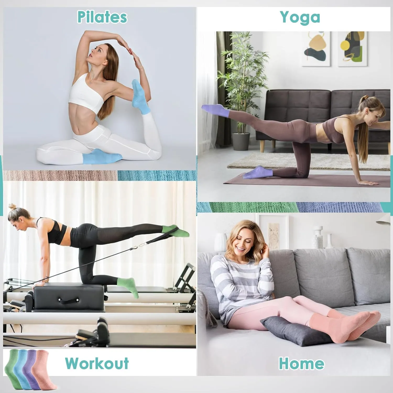 4 Pairs Pilates Socks with Grips for Women, Barre Yoga Grippy Socks, Womens Non Slip Pilates Crew Sticky Socks