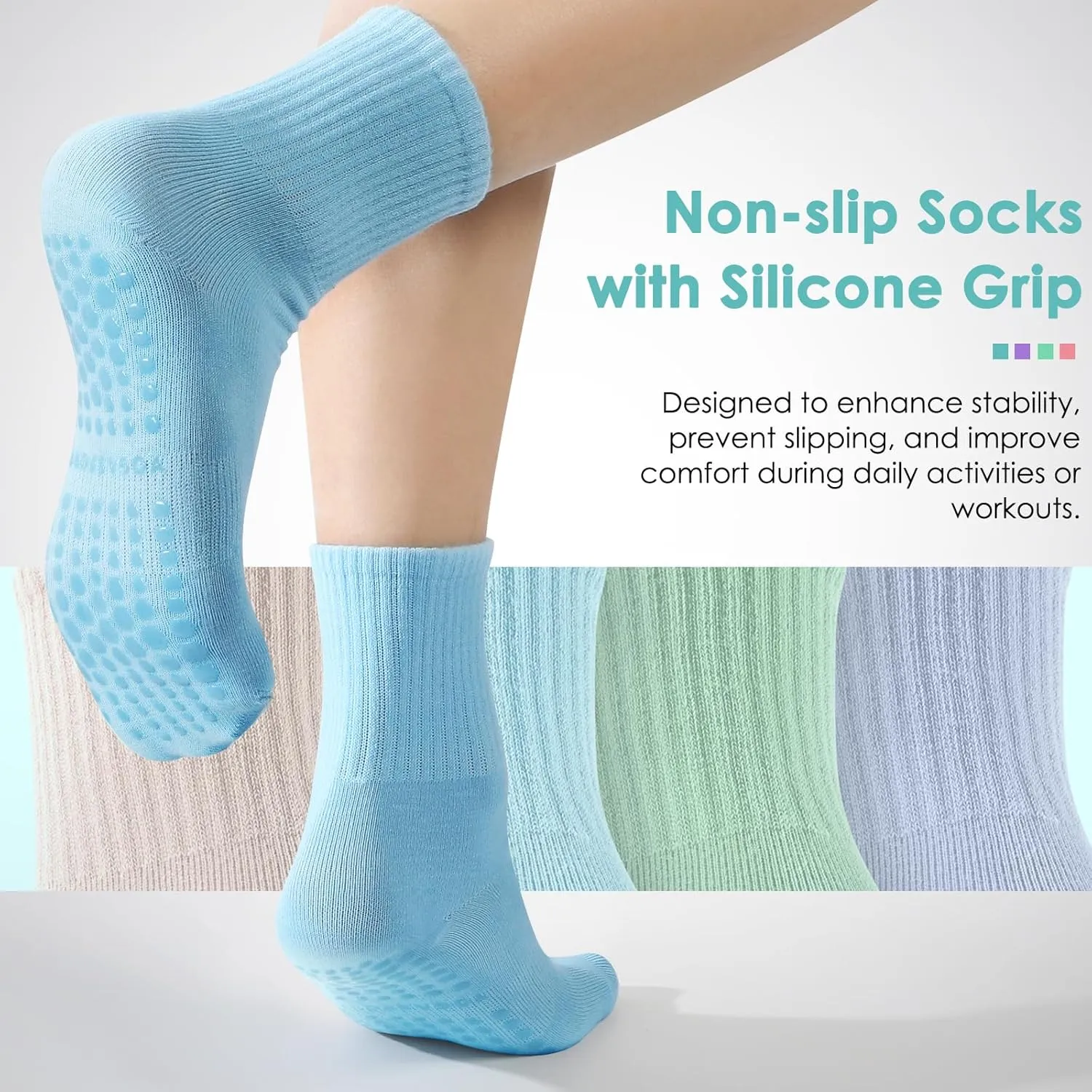 4 Pairs Pilates Socks with Grips for Women, Barre Yoga Grippy Socks, Womens Non Slip Pilates Crew Sticky Socks