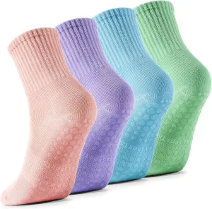 4 Pairs Pilates Socks with Grips for Women, Barre Yoga Grippy Socks, Womens Non Slip Pilates Crew Sticky Socks