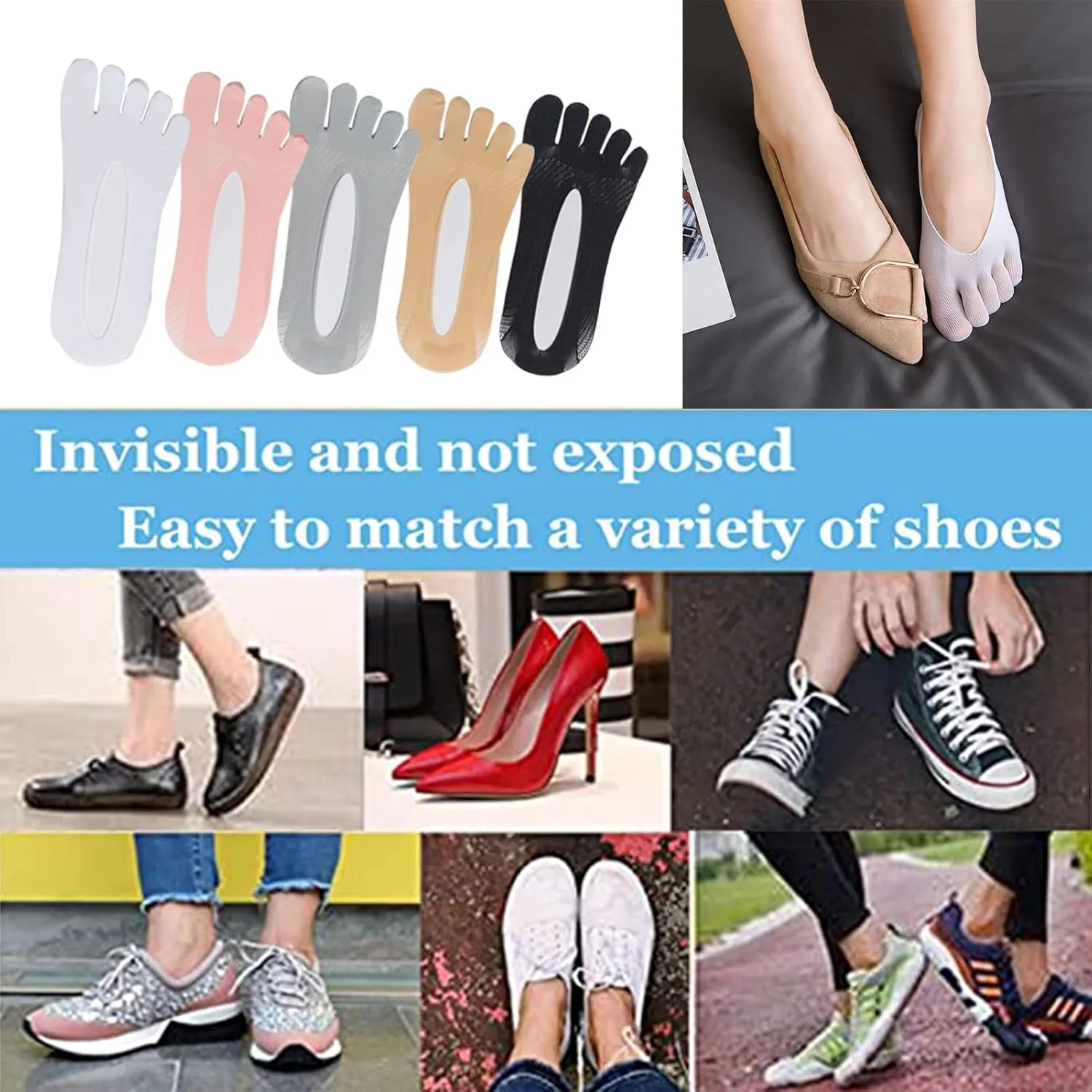 5 Pair Ortho Toe Compression Socks, Bunion Relief, No Show Toe Socks For Women Five Finger Socks, Full Toe Yoga Sock