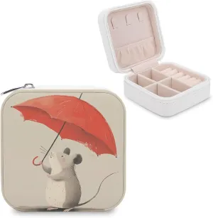 A Mouse with A Red Umbrella Travel Jewelry Case,cute Animal Small Jewelry Box Jewelry Organizer Portable PU Leather Mini Jewelry Case for Girls Womens Earring Necklace Rings Bracelet