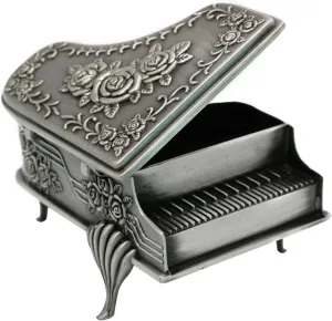 Aimeio Vintage Jewelry Box Metal Treasure Box Antique Piano Shape Metal Jewelry Box Princess Jewelry Makeup Organizer with Flower Carved