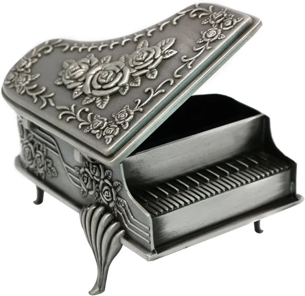 Aimeio Vintage Jewelry Box Metal Treasure Box Antique Piano Shape Metal Jewelry Box Princess Jewelry Makeup Organizer with Flower Carved