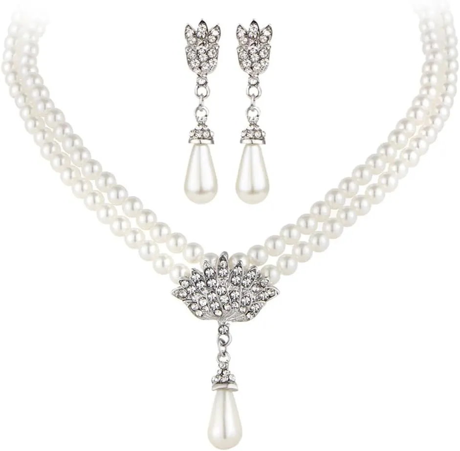 Asooll Bridal Jewelry Set Silver Pearl Necklace Costume Jewelry for Women