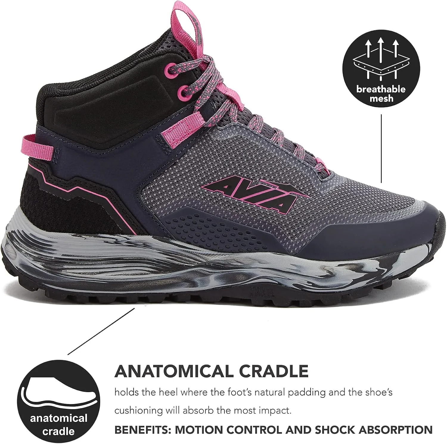 Avia Grit Sport Womens Hiking Boots, Mid Top Ankle Trail Shoes for All Weather