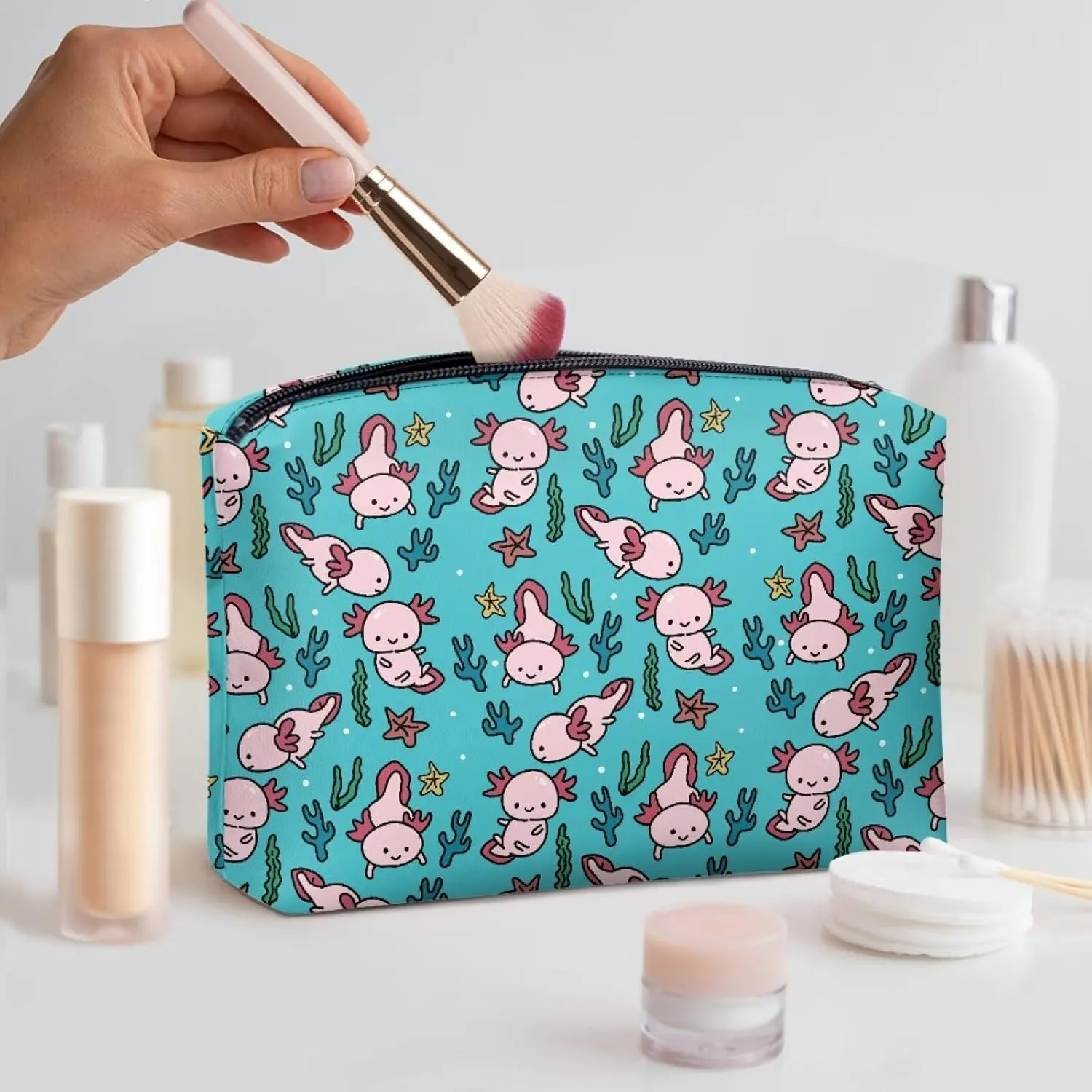 Axolotl Small Makeup Bag for Purse Cute Leather Travel Makeup Pouch Cosmetic Bag Zipper Pouch for Women