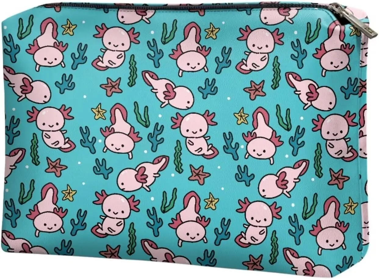 Axolotl Small Makeup Bag for Purse Cute Leather Travel Makeup Pouch Cosmetic Bag Zipper Pouch for Women