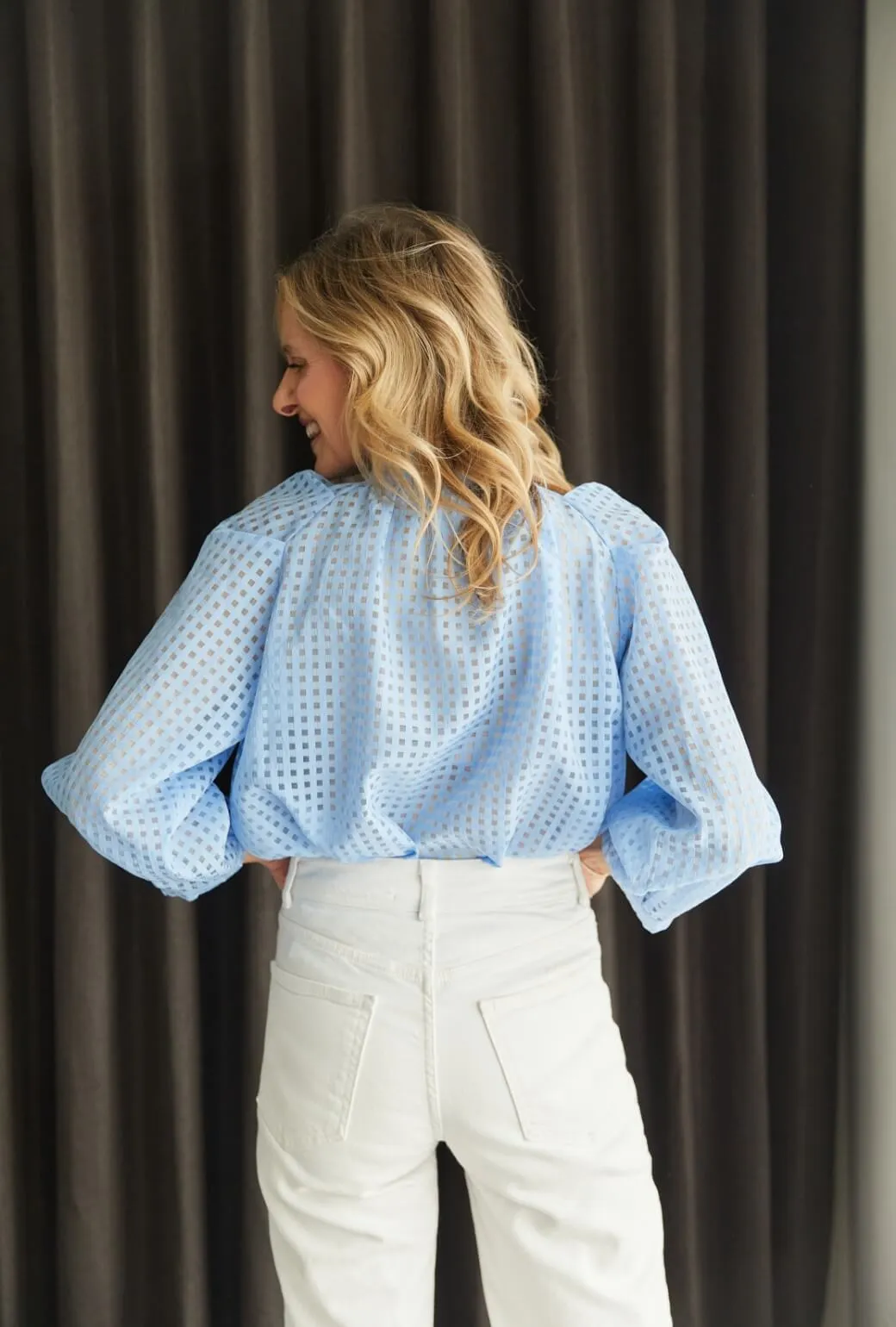 Big Bow Blouse - Blue Sheer Gingham