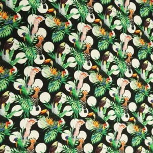 Black Background with Multicolored leaves and Birdie Printed Fabric