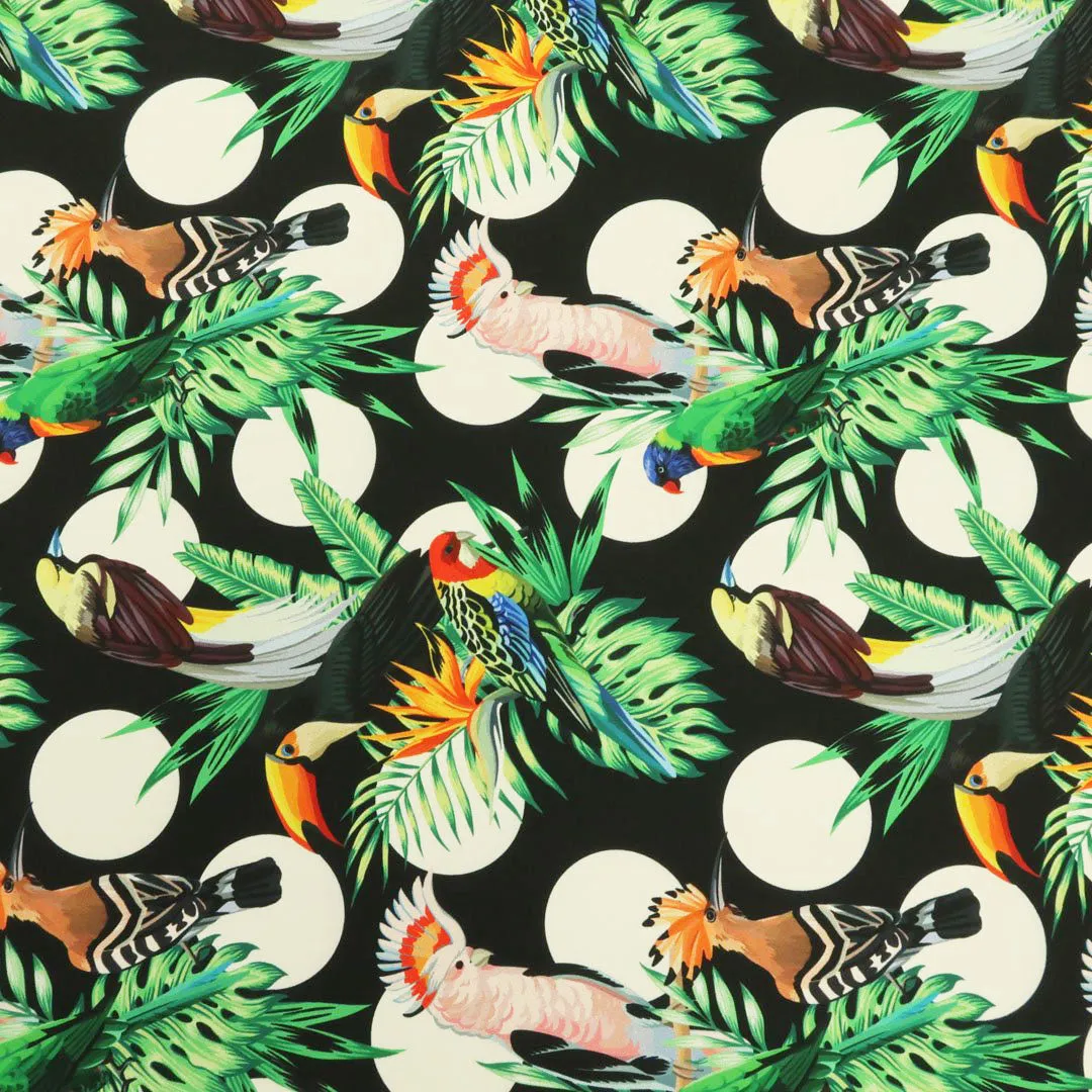 Black Background with Multicolored leaves and Birdie Printed Fabric