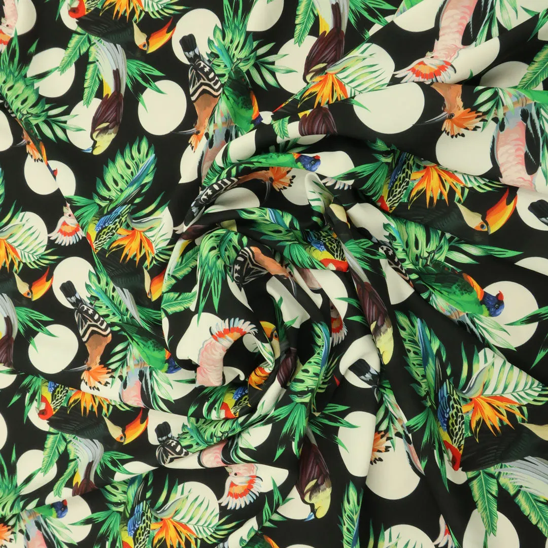 Black Background with Multicolored leaves and Birdie Printed Fabric