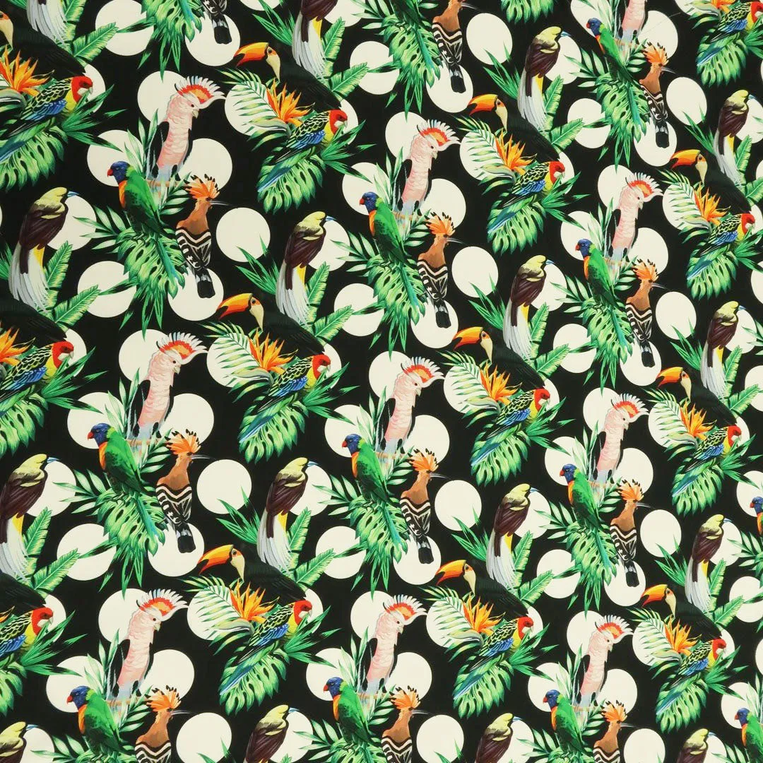 Black Background with Multicolored leaves and Birdie Printed Fabric