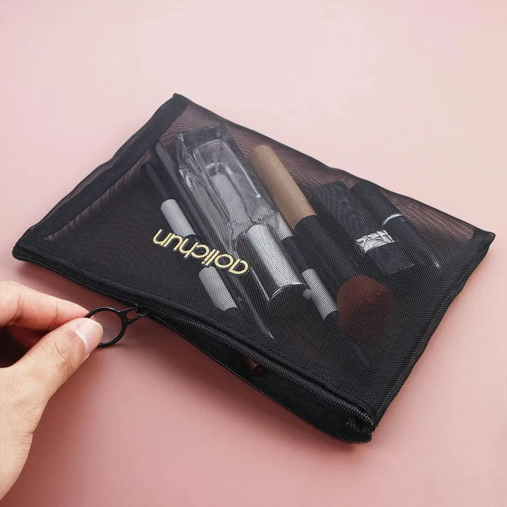 Black Mesh Cosmetic Bag with Zipper, Portable Toiletry Makeup Storage Bag Wash Kit Organizer Case(M)