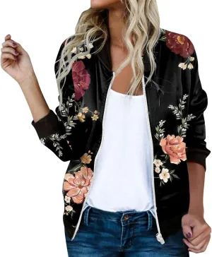 Bomber Jacket Women 2025 Floral Zip Up Zipper Sports Jackets Coats Stand Collar Causal Long Sleeve Lightweight Outerwear Tops