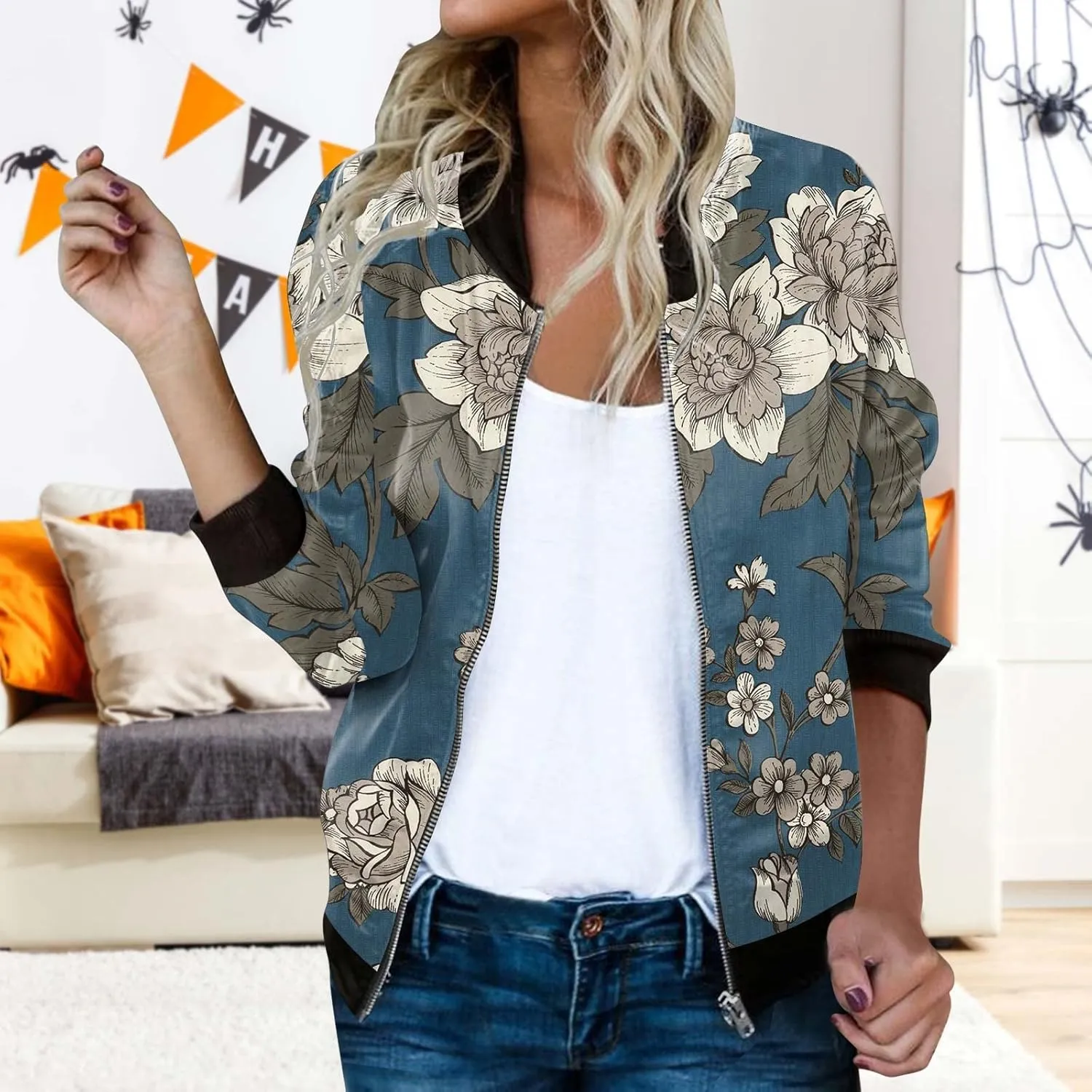 Bomber Jacket Women 2025 Floral Zip Up Zipper Sports Jackets Coats Stand Collar Causal Long Sleeve Lightweight Outerwear Tops