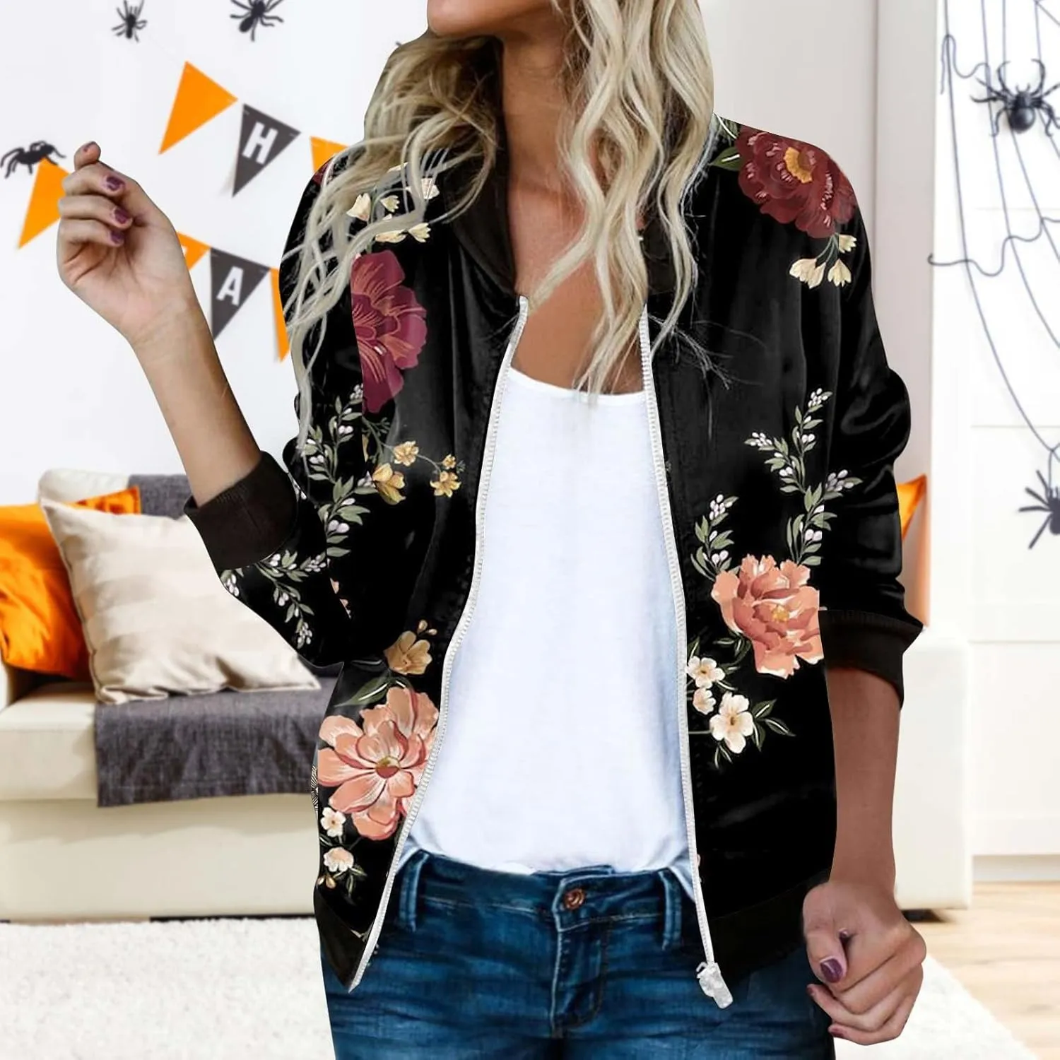 Bomber Jacket Women 2025 Floral Zip Up Zipper Sports Jackets Coats Stand Collar Causal Long Sleeve Lightweight Outerwear Tops