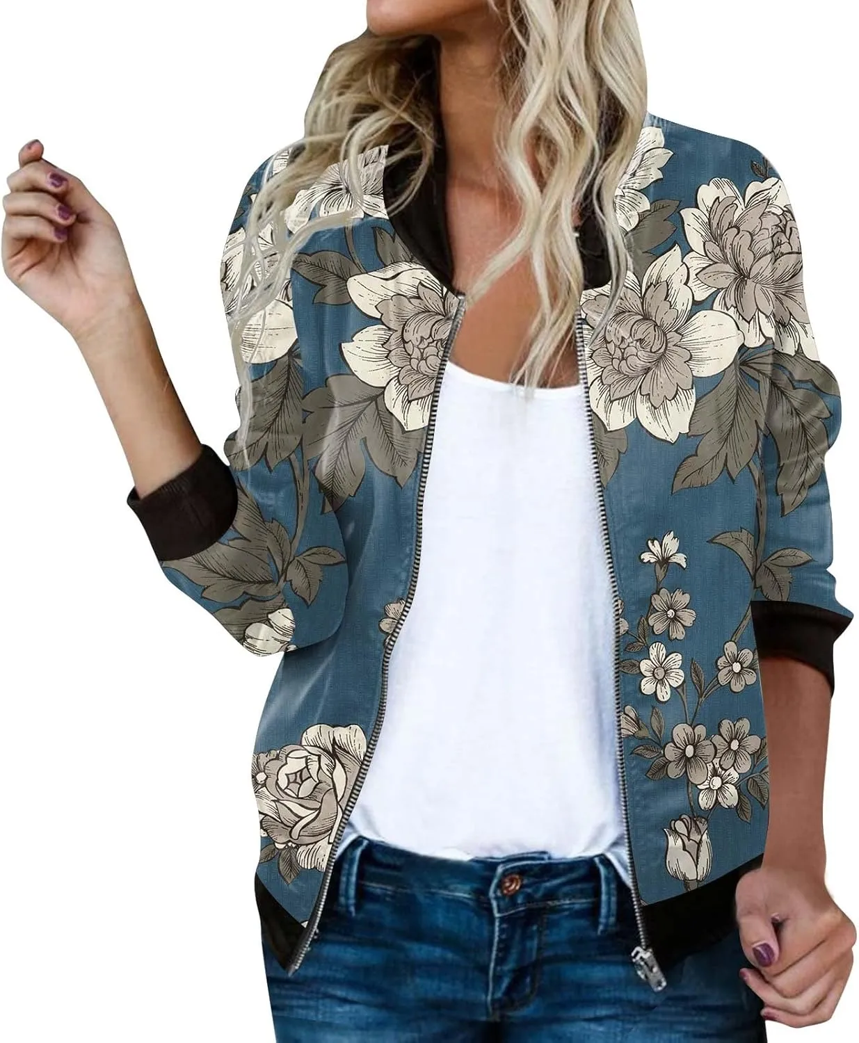 Bomber Jacket Women 2025 Floral Zip Up Zipper Sports Jackets Coats Stand Collar Causal Long Sleeve Lightweight Outerwear Tops