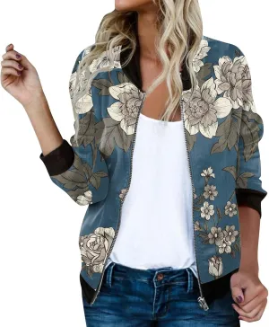 Bomber Jacket Women 2025 Floral Zip Up Zipper Sports Jackets Coats Stand Collar Causal Long Sleeve Lightweight Outerwear Tops