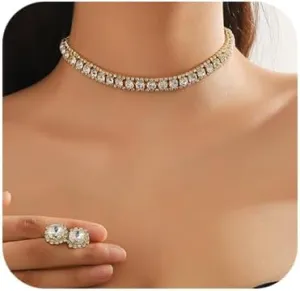 Bride Crystal Jewelry Set Rhinestone Choker Necklace Earrings Bridal Wedding Jewelry Sets for Costume Party Bride Bridesmaid Wedding Prom Jewelry