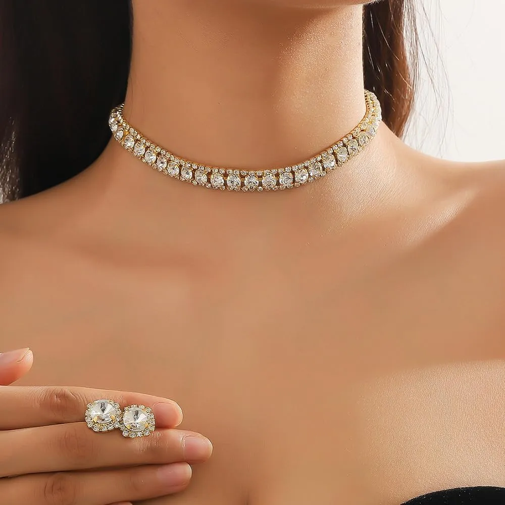 Bride Crystal Jewelry Set Rhinestone Choker Necklace Earrings Bridal Wedding Jewelry Sets for Costume Party Bride Bridesmaid Wedding Prom Jewelry