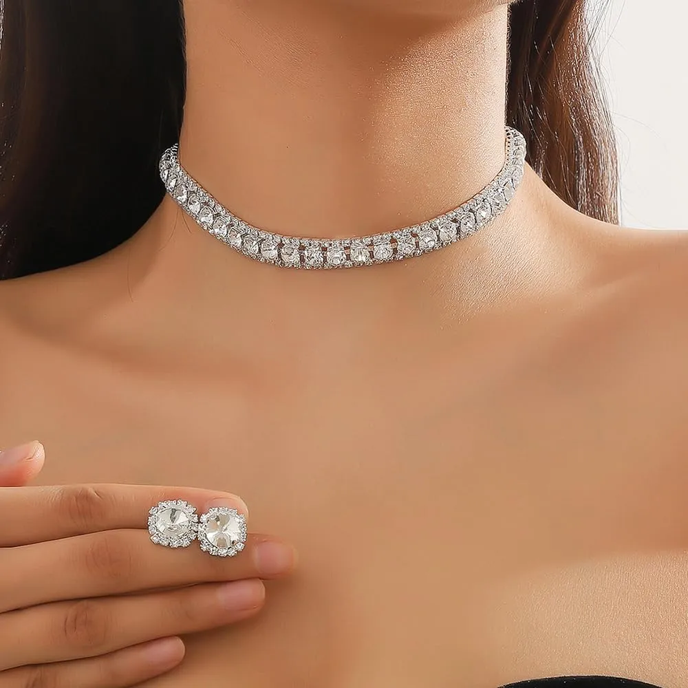 Bride Crystal Jewelry Set Rhinestone Choker Necklace Earrings Bridal Wedding Jewelry Sets for Costume Party Bride Bridesmaid Wedding Prom Jewelry