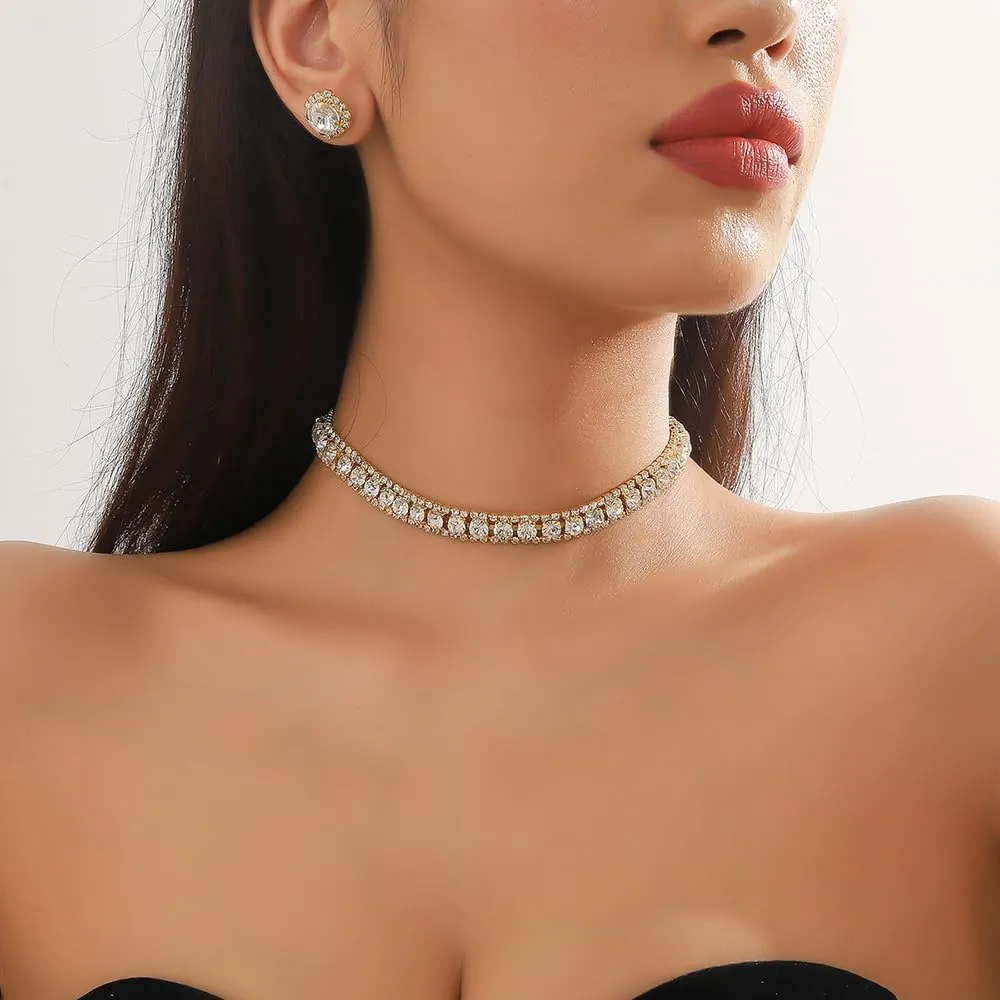 Bride Crystal Jewelry Set Rhinestone Choker Necklace Earrings Bridal Wedding Jewelry Sets for Costume Party Bride Bridesmaid Wedding Prom Jewelry