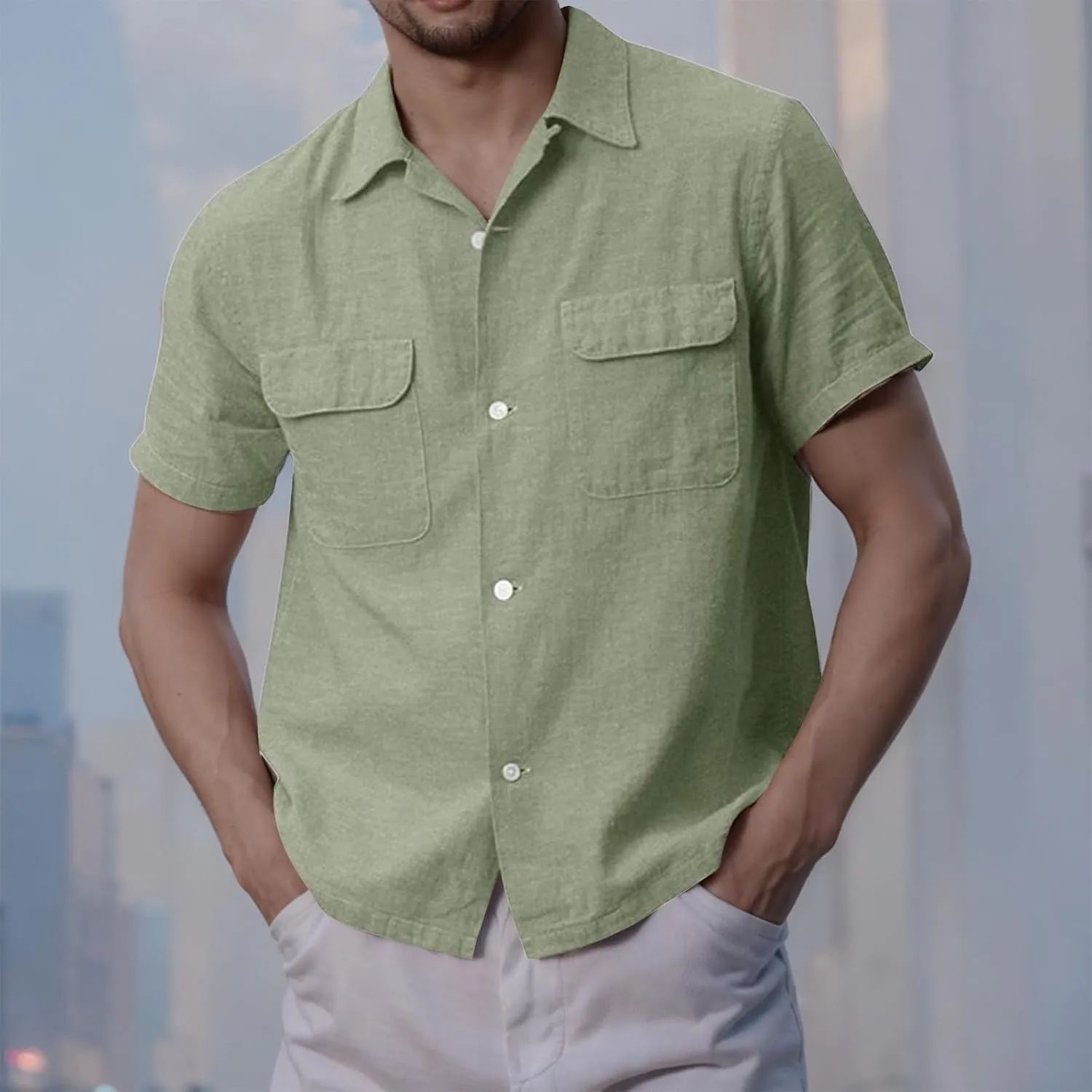 Button Down Shirts for Men Short Sleeve Cotton Linen Casual Comfy Lightweight Solid Tops Summer Beach Tee with Pockets
