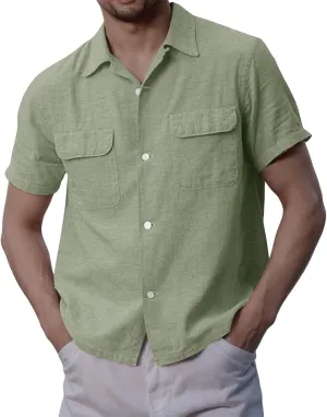 Button Down Shirts for Men Short Sleeve Cotton Linen Casual Comfy Lightweight Solid Tops Summer Beach Tee with Pockets