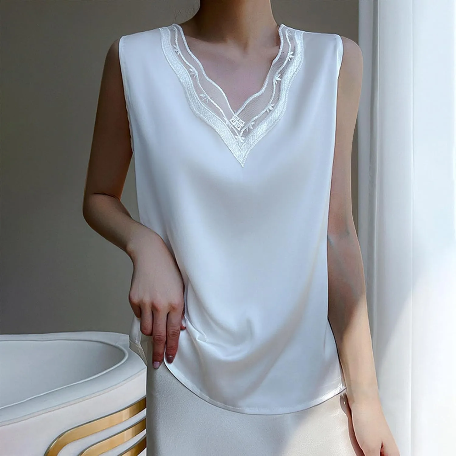 BZGTZT Summer Soft Business V Neck Tank Tops for Women Elegant Loose Casual Shirt Sleeveless Lightweight Solid Blouses
