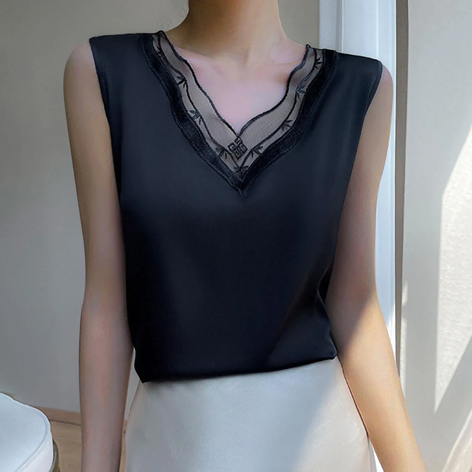BZGTZT Summer Soft Business V Neck Tank Tops for Women Elegant Loose Casual Shirt Sleeveless Lightweight Solid Blouses