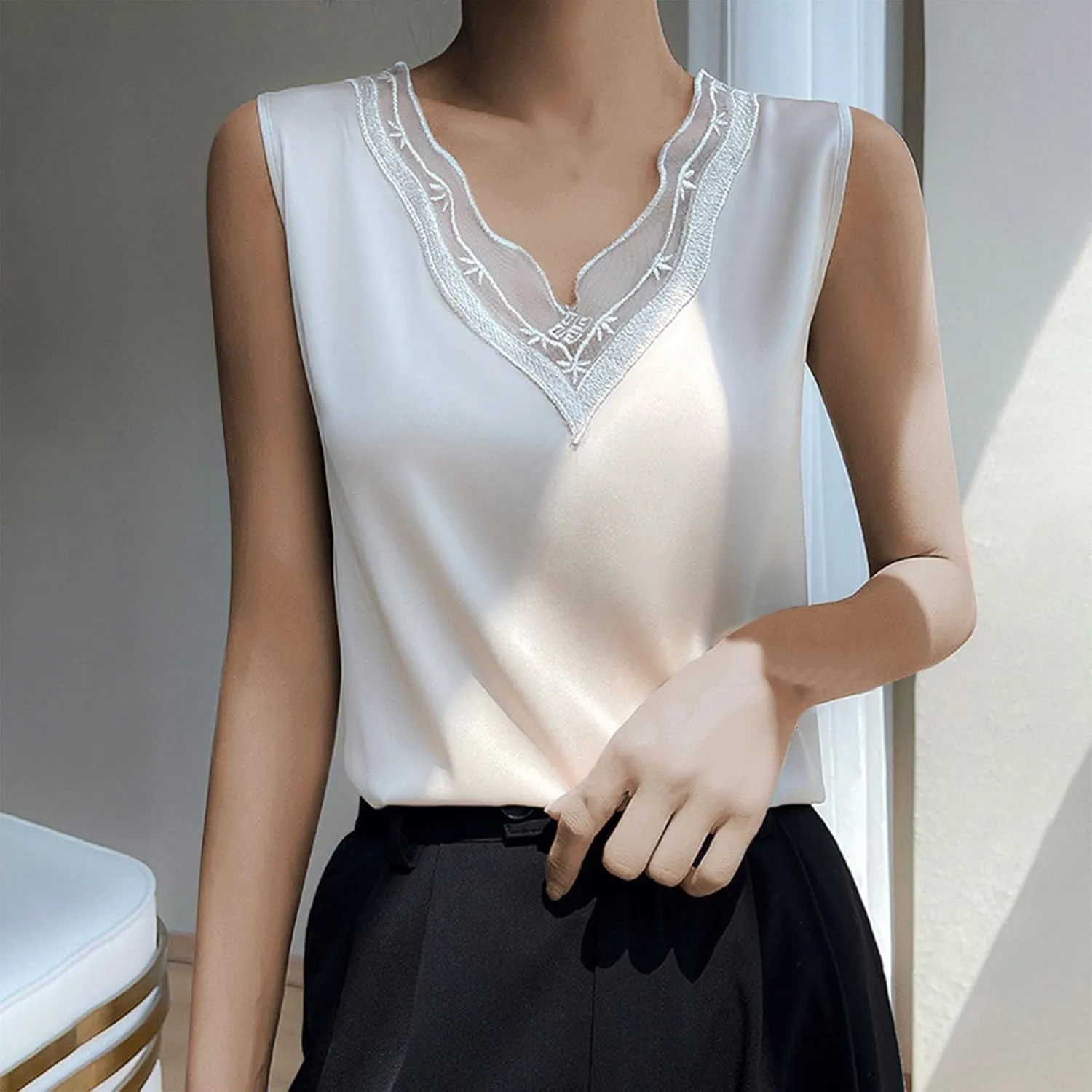 BZGTZT Summer Soft Business V Neck Tank Tops for Women Elegant Loose Casual Shirt Sleeveless Lightweight Solid Blouses