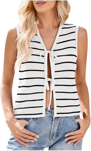 BZGTZT Womens Tank Tops Striped Crewneck Loose Fit Basic Casual T Shirts Summer Sleeveless Trendy Vest Top Vacation Tee