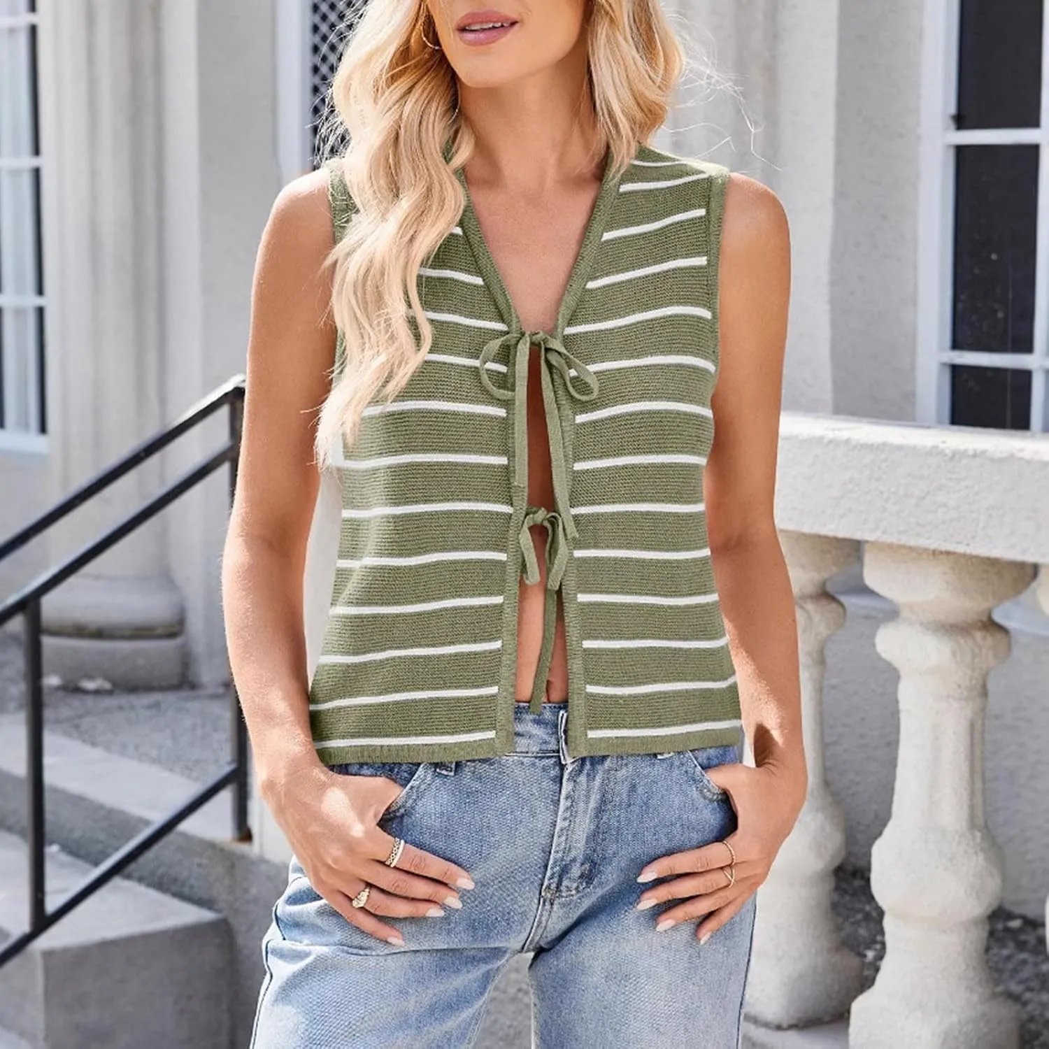 BZGTZT Womens Tank Tops Striped Crewneck Loose Fit Basic Casual T Shirts Summer Sleeveless Trendy Vest Top Vacation Tee