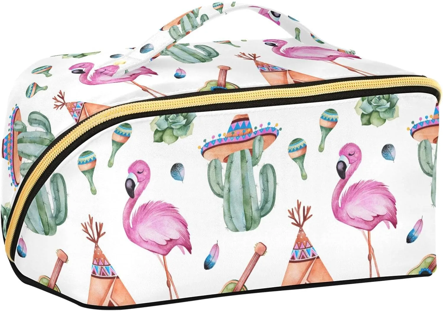 Cactus Pink Flamingo Travel Makeup Bag Cosmetic Bags for Women Portable Make Up Organizer Case Open Flat Toiletry Bag with Handle