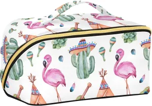 Cactus Pink Flamingo Travel Makeup Bag Cosmetic Bags for Women Portable Make Up Organizer Case Open Flat Toiletry Bag with Handle