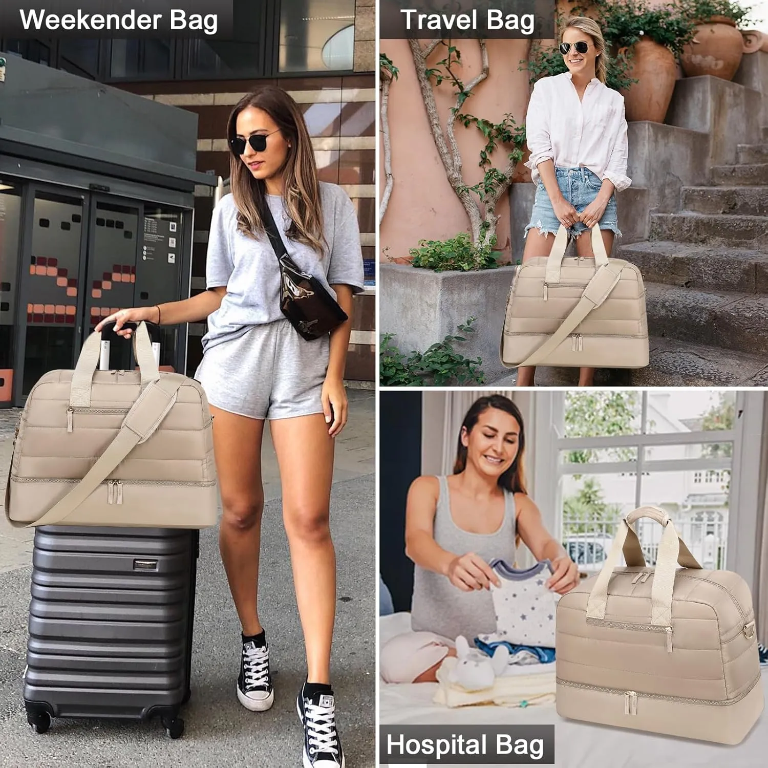 CAMTOP Travel Weekender Bags for Women with Shoe Compartment Quilted Puffer Tote Bag Carry on Duffle Bag for Overnight Bag