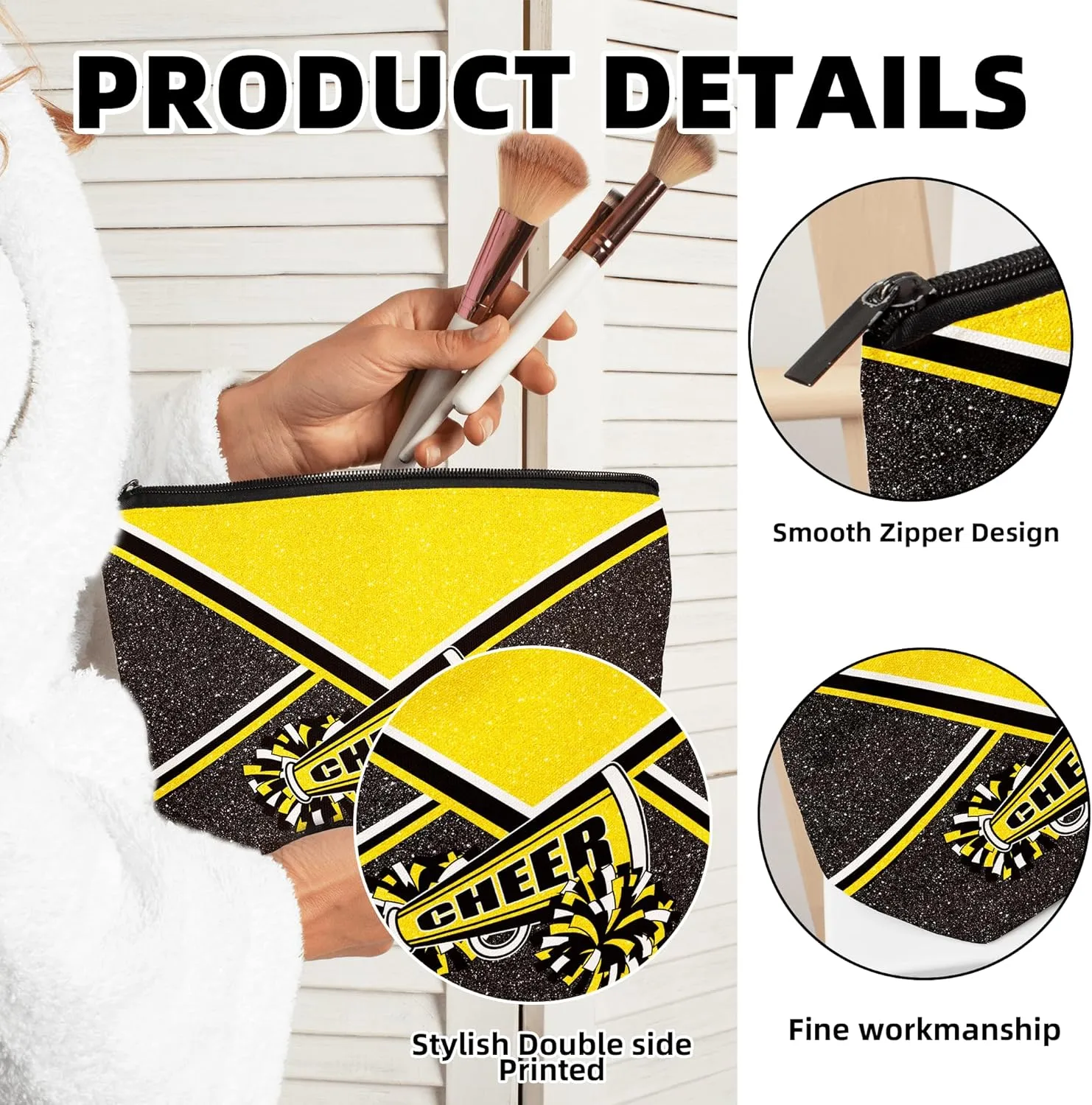 Cheer Makeup Bag Cheerleader Cosmetic Bag Cheerleader Gifts Cheerleading Gift for Women Her Cheer Team 1Pcs (Gold)
