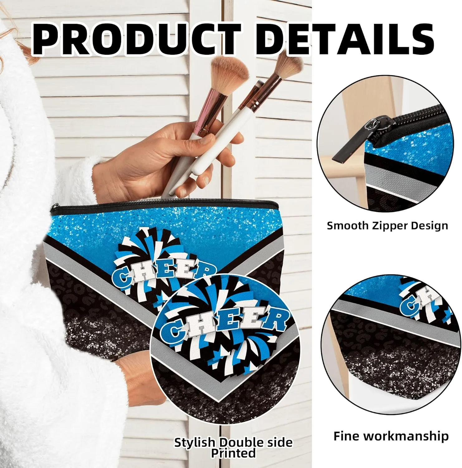 Cheerleader Cosmetic Bag Cheerleader Makeup Bag Gift for Women Cheer Team Gift Ideas for Birthday 1Pcs (Blue&Black)