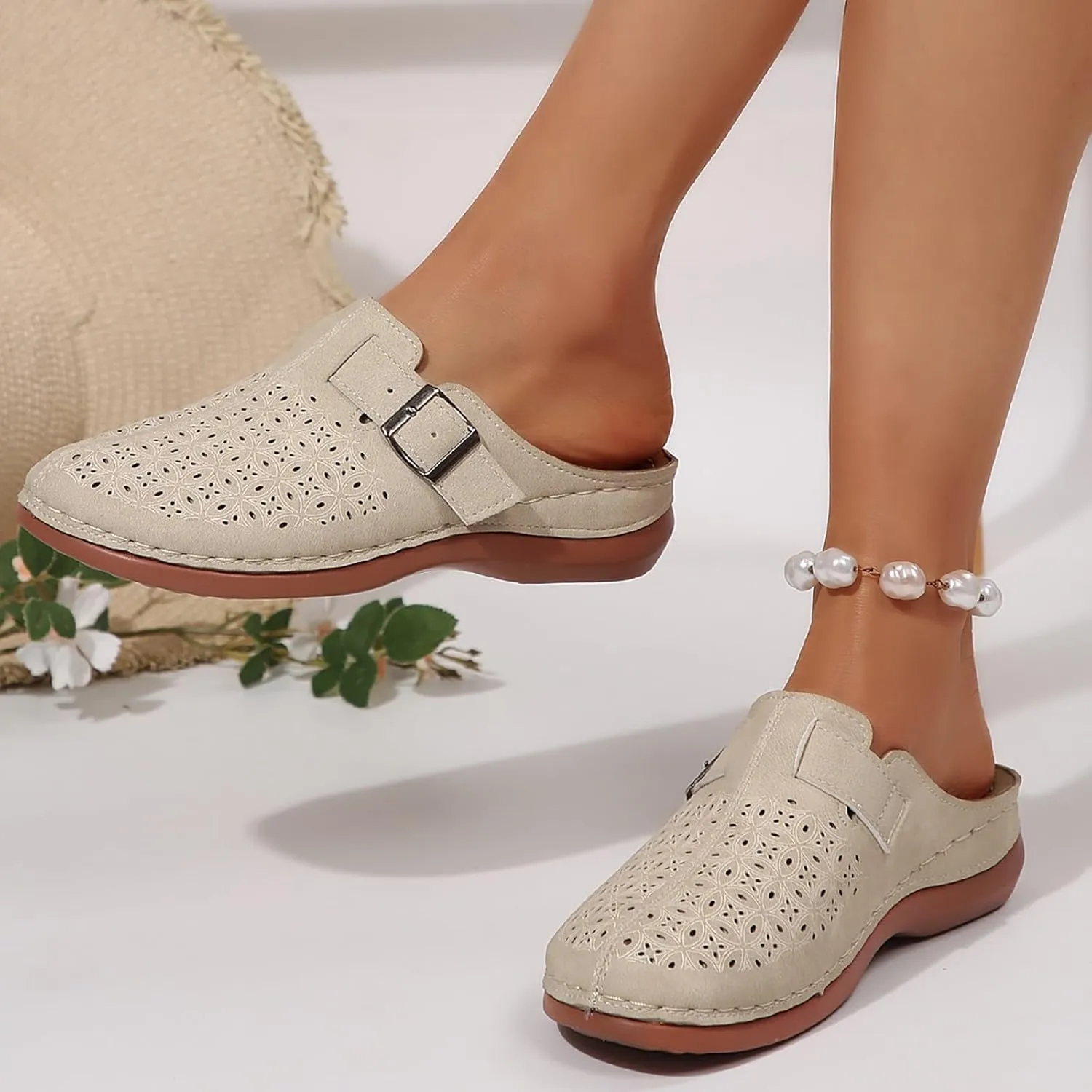Clogs for Women Mules Shoes Arch Support Slip on Sandals Backless Low Wedge Shoes Adjustable Hook Loop Sandals Summer Walking Low Wedge Sandal Vacation Travel Shoe