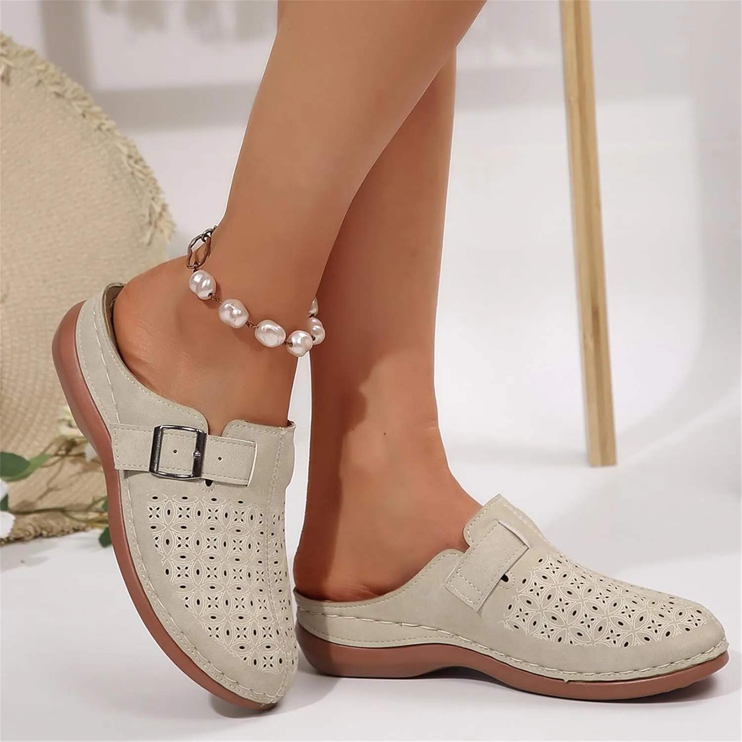 Clogs for Women Mules Shoes Arch Support Slip on Sandals Backless Low Wedge Shoes Adjustable Hook Loop Sandals Summer Walking Low Wedge Sandal Vacation Travel Shoe