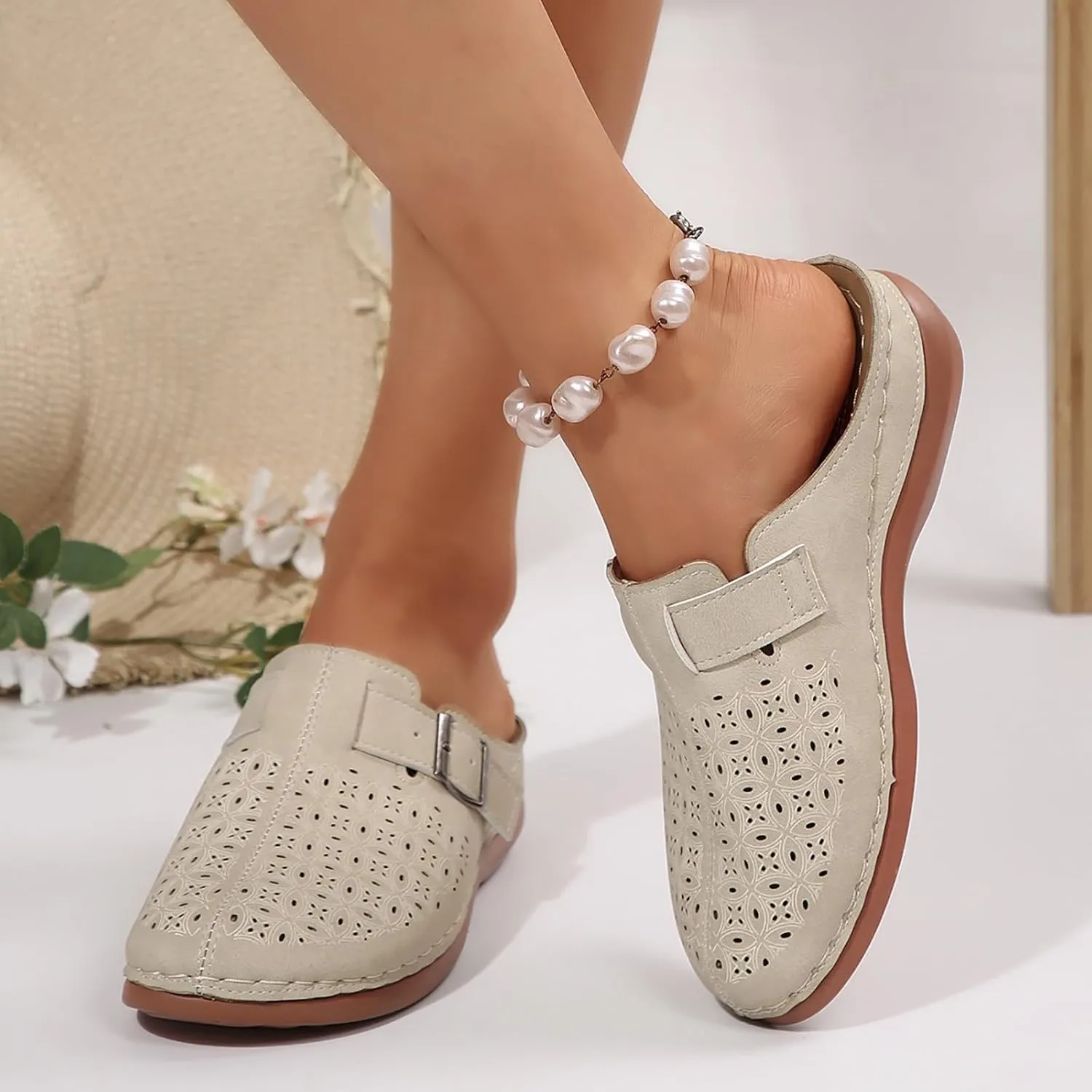 Clogs for Women Mules Shoes Arch Support Slip on Sandals Backless Low Wedge Shoes Adjustable Hook Loop Sandals Summer Walking Low Wedge Sandal Vacation Travel Shoe