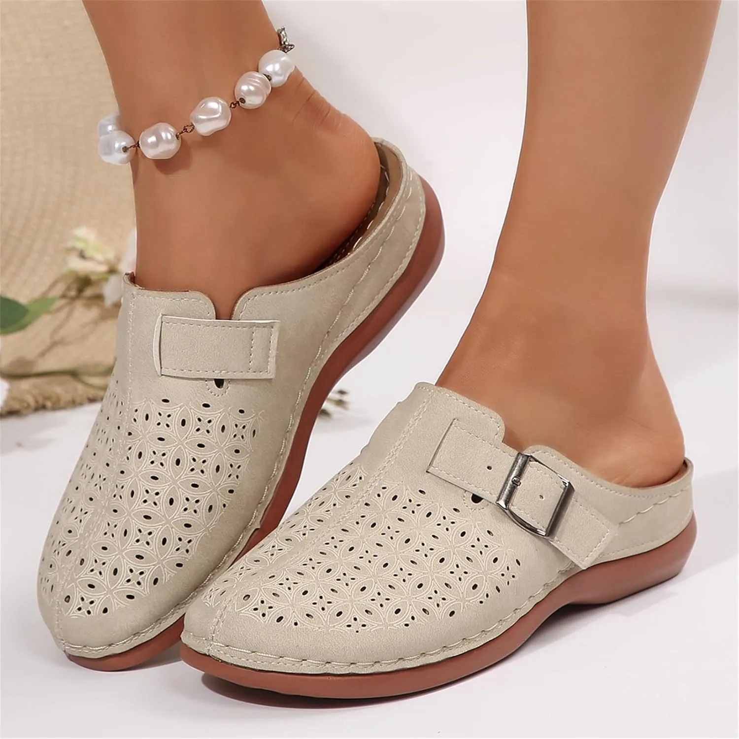 Clogs for Women Mules Shoes Arch Support Slip on Sandals Backless Low Wedge Shoes Adjustable Hook Loop Sandals Summer Walking Low Wedge Sandal Vacation Travel Shoe